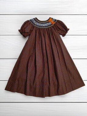 Rosalina Bishop Smocked Brown and Orange Polka Dot Dress Size 6